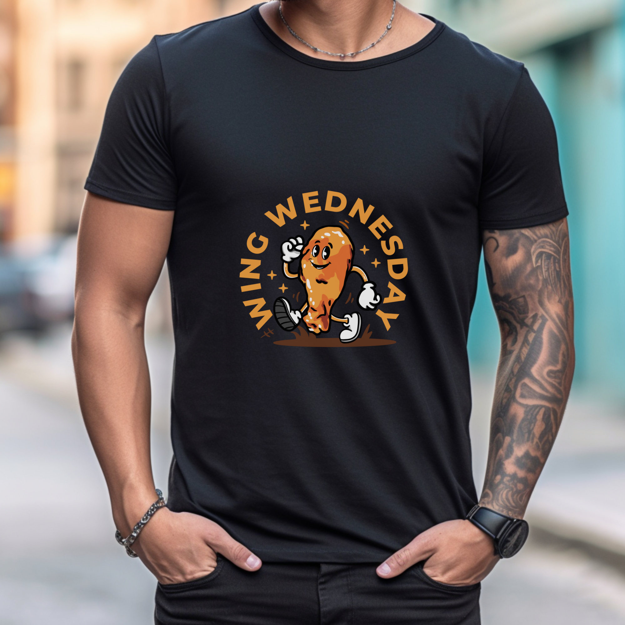 Black t-shirt featuring a fun 'Wing Wednesday' design with a cartoon-style chicken wing character in motion. Perfect for food lovers and those who enjoy celebrating Wing Wednesday in style."