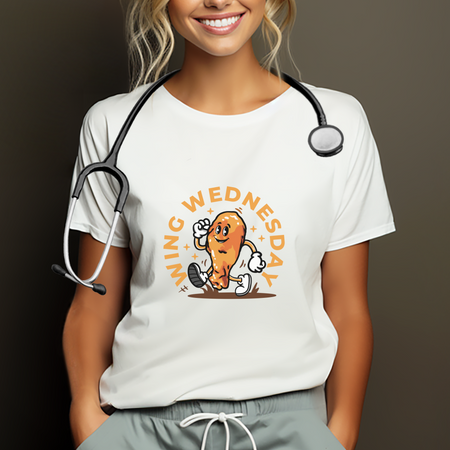 White t-shirt featuring a fun 'Wing Wednesday' design with a cartoon-style chicken wing character in motion. Perfect for food lovers and those who enjoy celebrating Wing Wednesday in style."