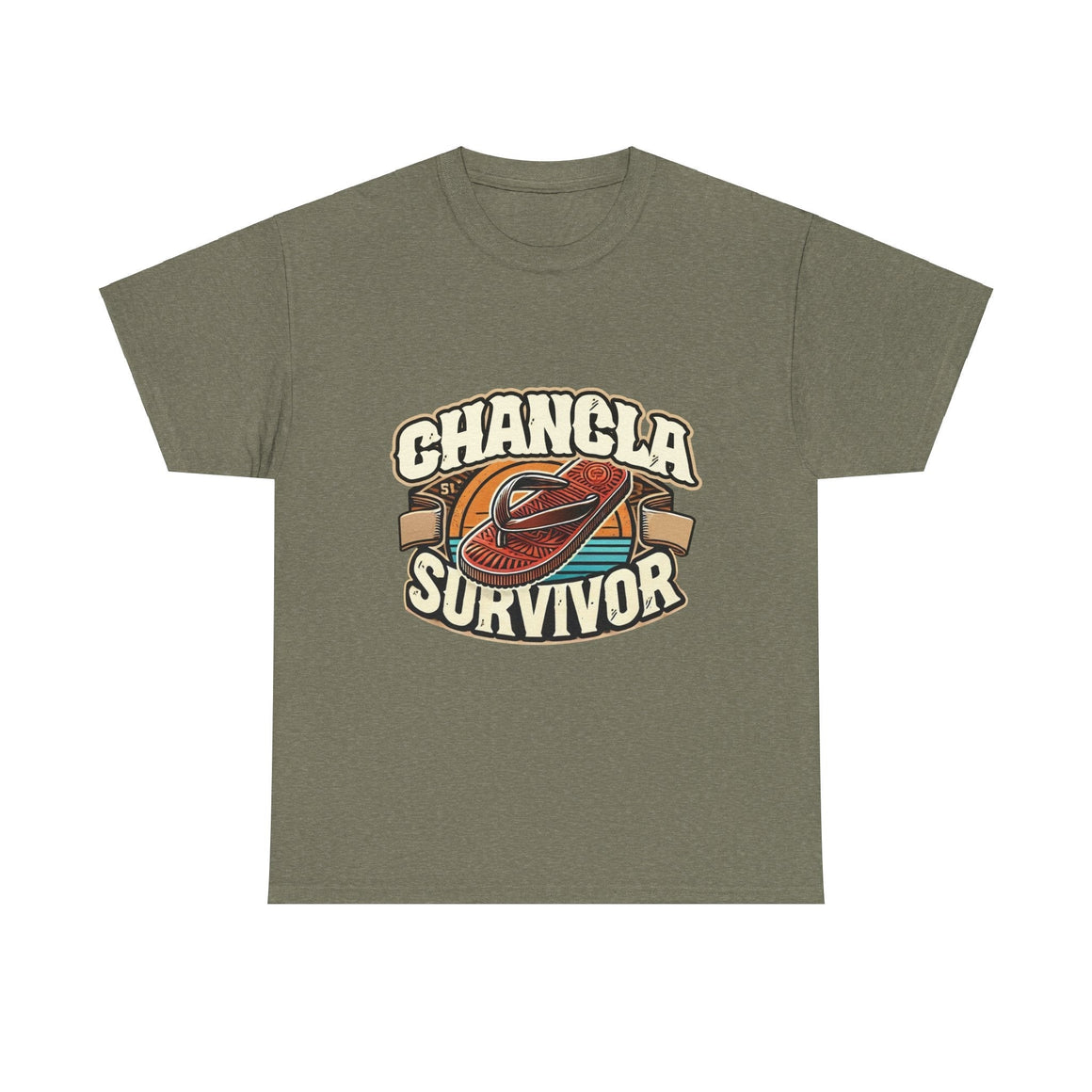 T-shirt featuring a retro-inspired 'Chancla Survivor' design with a graphic of a traditional sandal. Perfect for those with a sense of humor about family discipline and nostalgic cultural references.