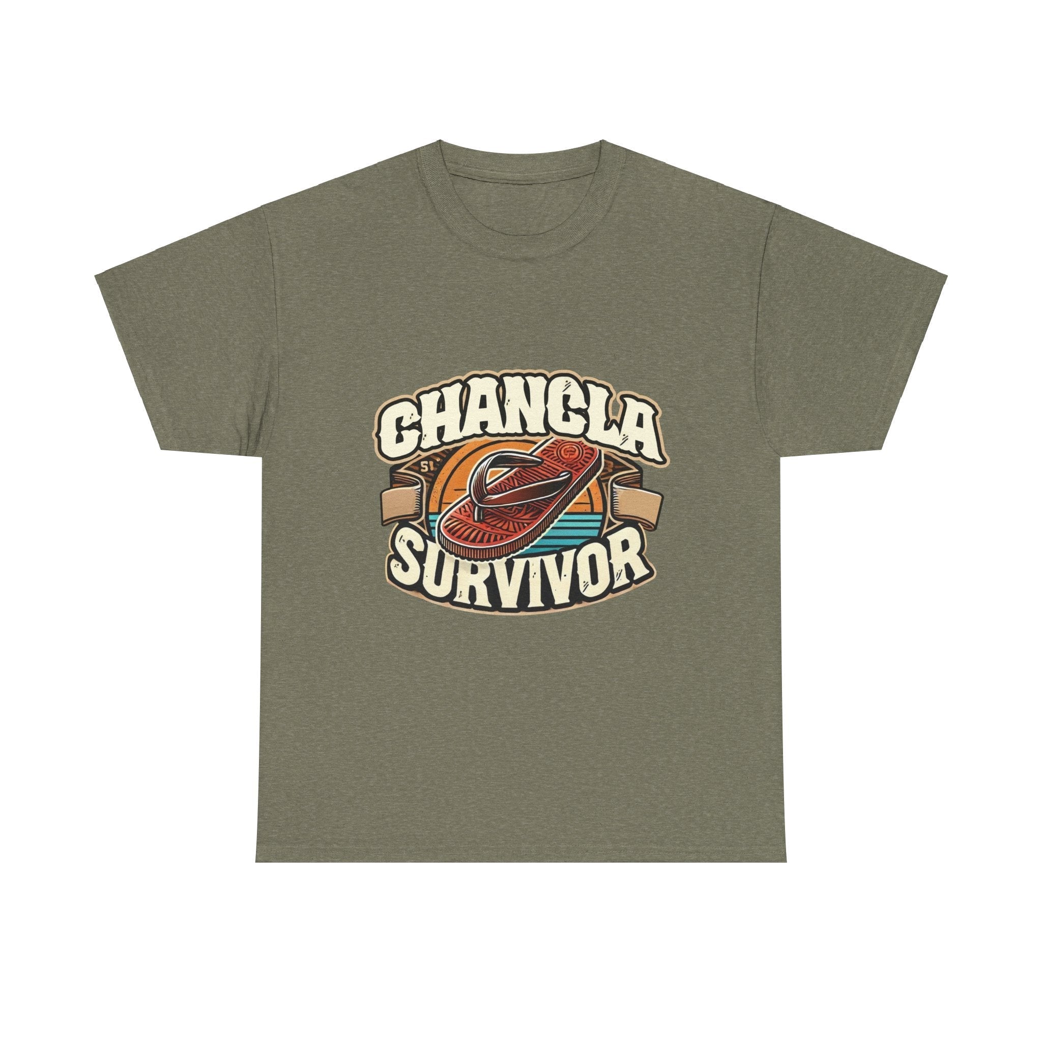 T-shirt featuring a retro-inspired 'Chancla Survivor' design with a graphic of a traditional sandal. Perfect for those with a sense of humor about family discipline and nostalgic cultural references.