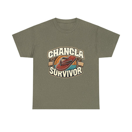 T-shirt featuring a retro-inspired 'Chancla Survivor' design with a graphic of a traditional sandal. Perfect for those with a sense of humor about family discipline and nostalgic cultural references.