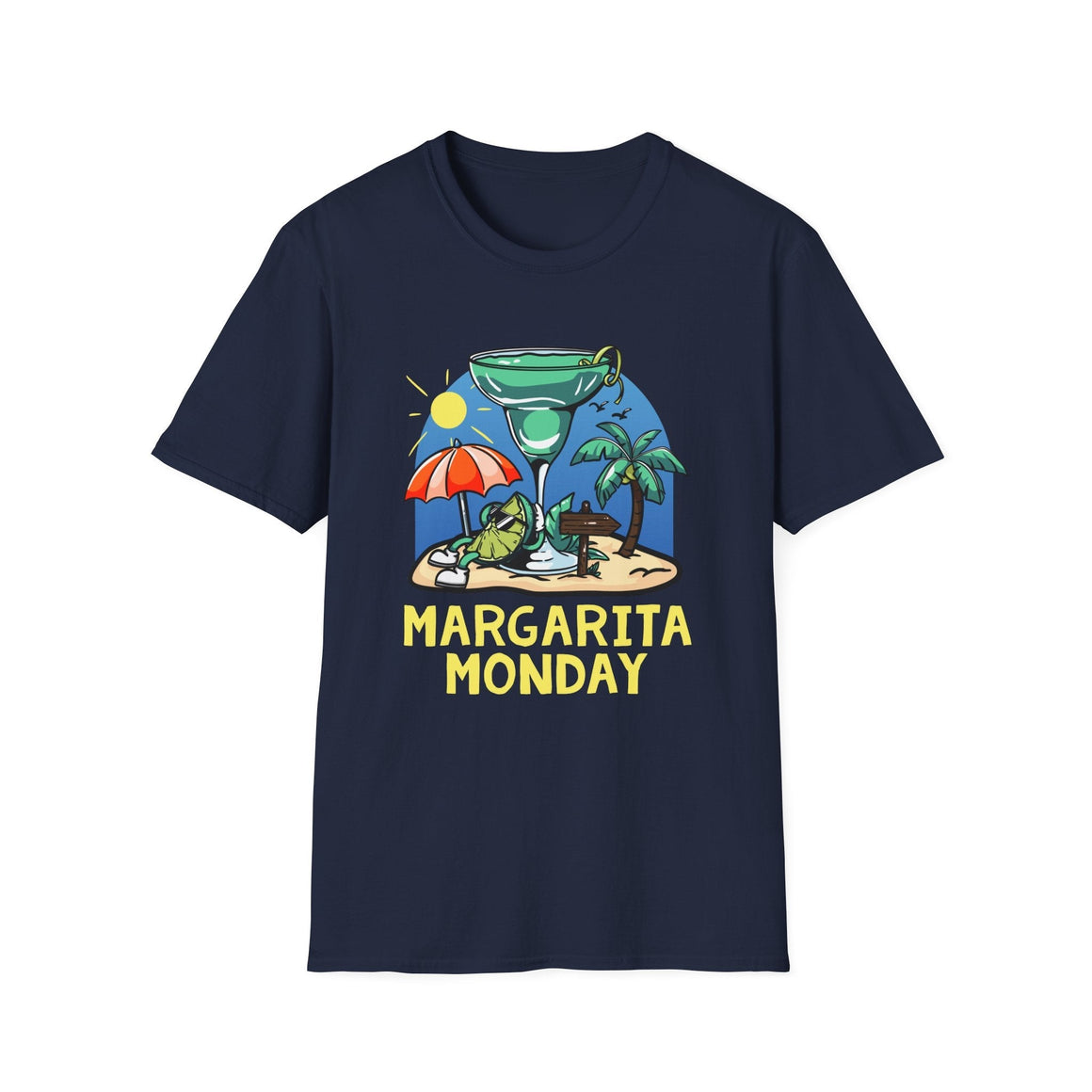 a Navy Blue t-shirt with a fun "Margarita Monday" design, showcasing tropical vibes with a large margarita glass, palm trees, and a beach scene. This image highlights creative Margarita Monday t-shirt design ideas, perfect for adding a touch of relaxation and celebration to casual outfits. The colorful artwork captures the spirit of a beach getaway, making this shirt a great choice for Margarita Monday fans.