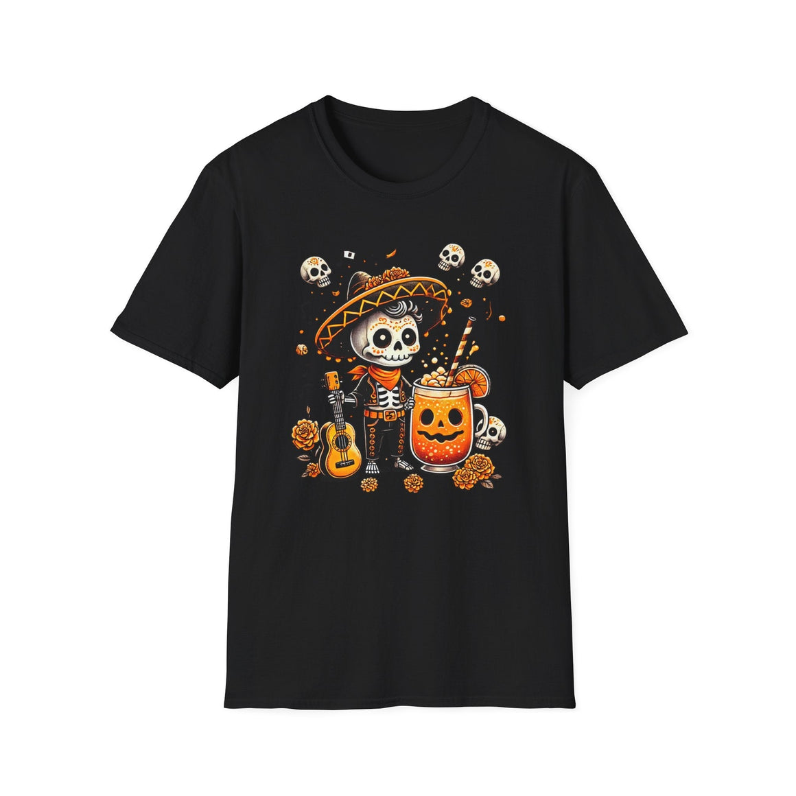 day of the dead mariachi skeleton unisex soft style t shirt festive dia de los muertos graphic tee