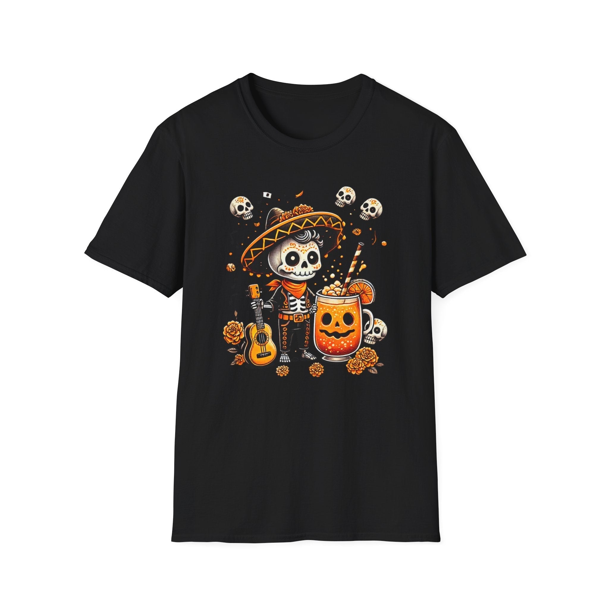 day of the dead mariachi skeleton unisex soft style t shirt festive dia de los muertos graphic tee