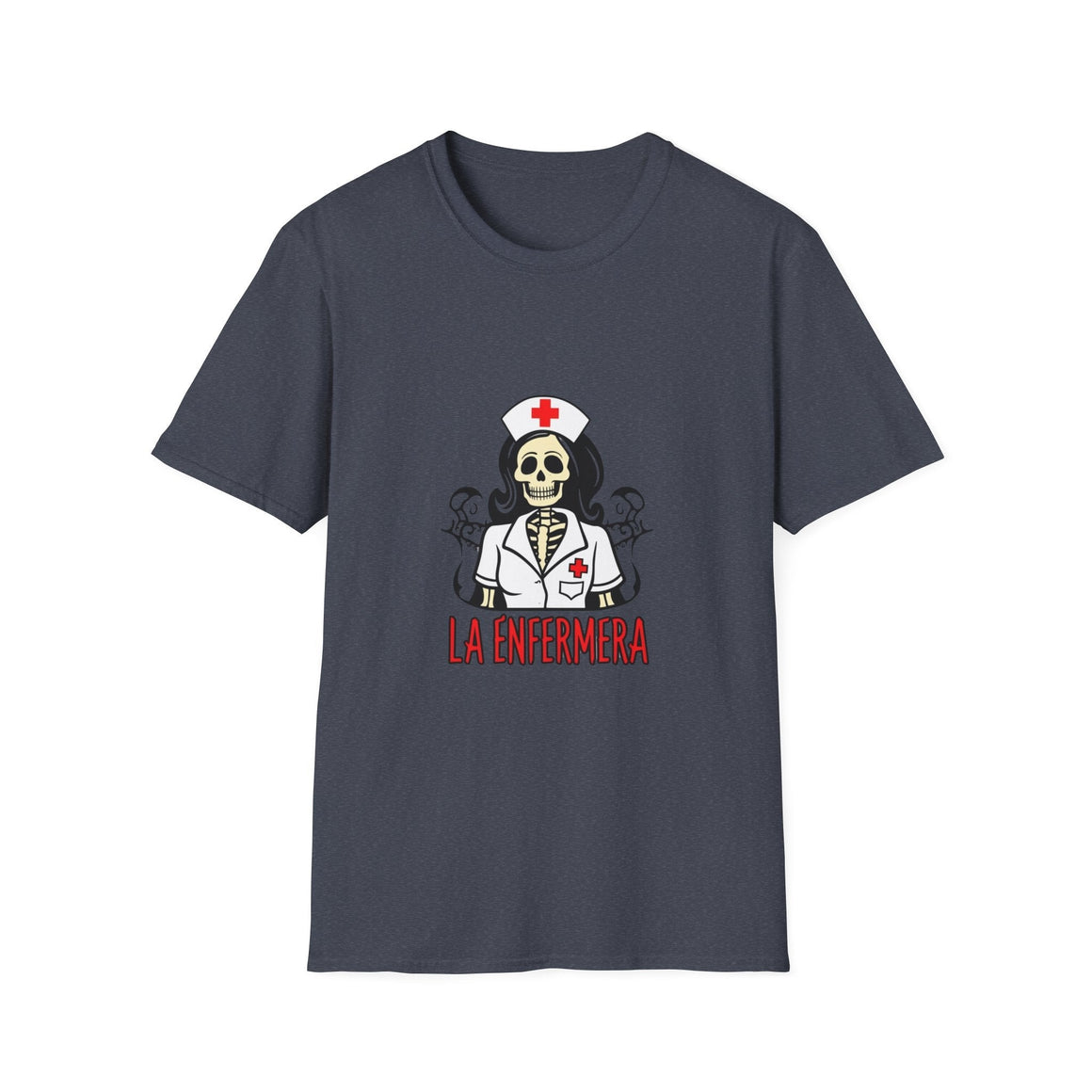 Illustration of a "La Enfermera Loteria Shirt" featuring a skeleton nurse in a white nurse's uniform with a red cross on the cap and chest. The design resembles a traditional loteria card with the text "La Enfermera" in bold red letters, perfect for Día de los Muertos and healthcare themes.