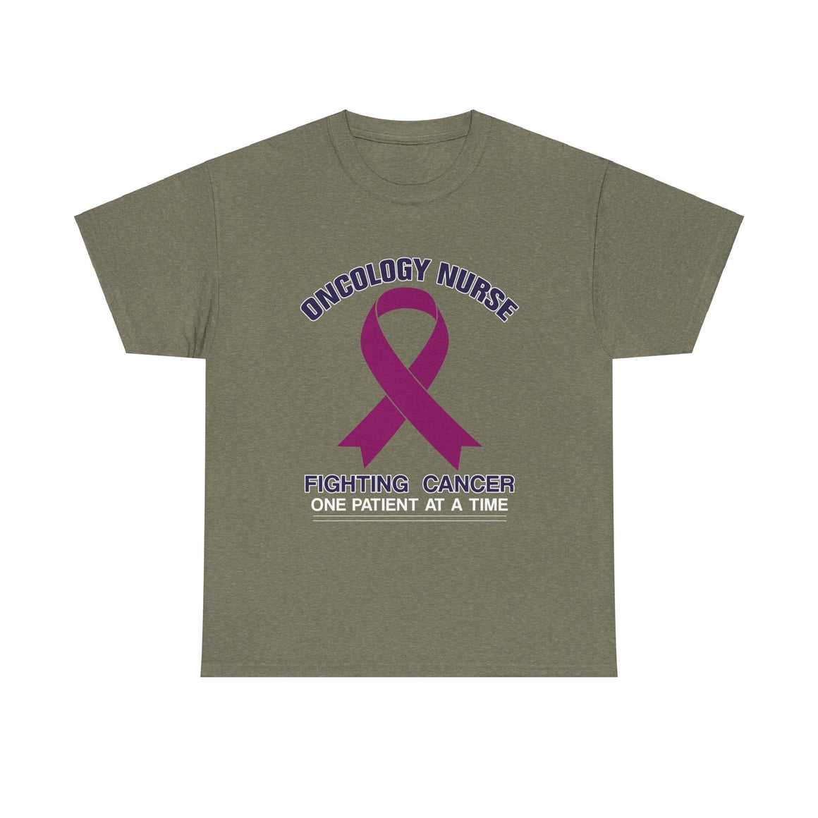 A Army Green  t-shirt with the design 'Oncology Nurse - Fighting Cancer One Patient at a Time' featuring a purple cancer ribbon, part of the oncology nurse t-shirt designs collection, symbolizing strength and commitment in cancer care.