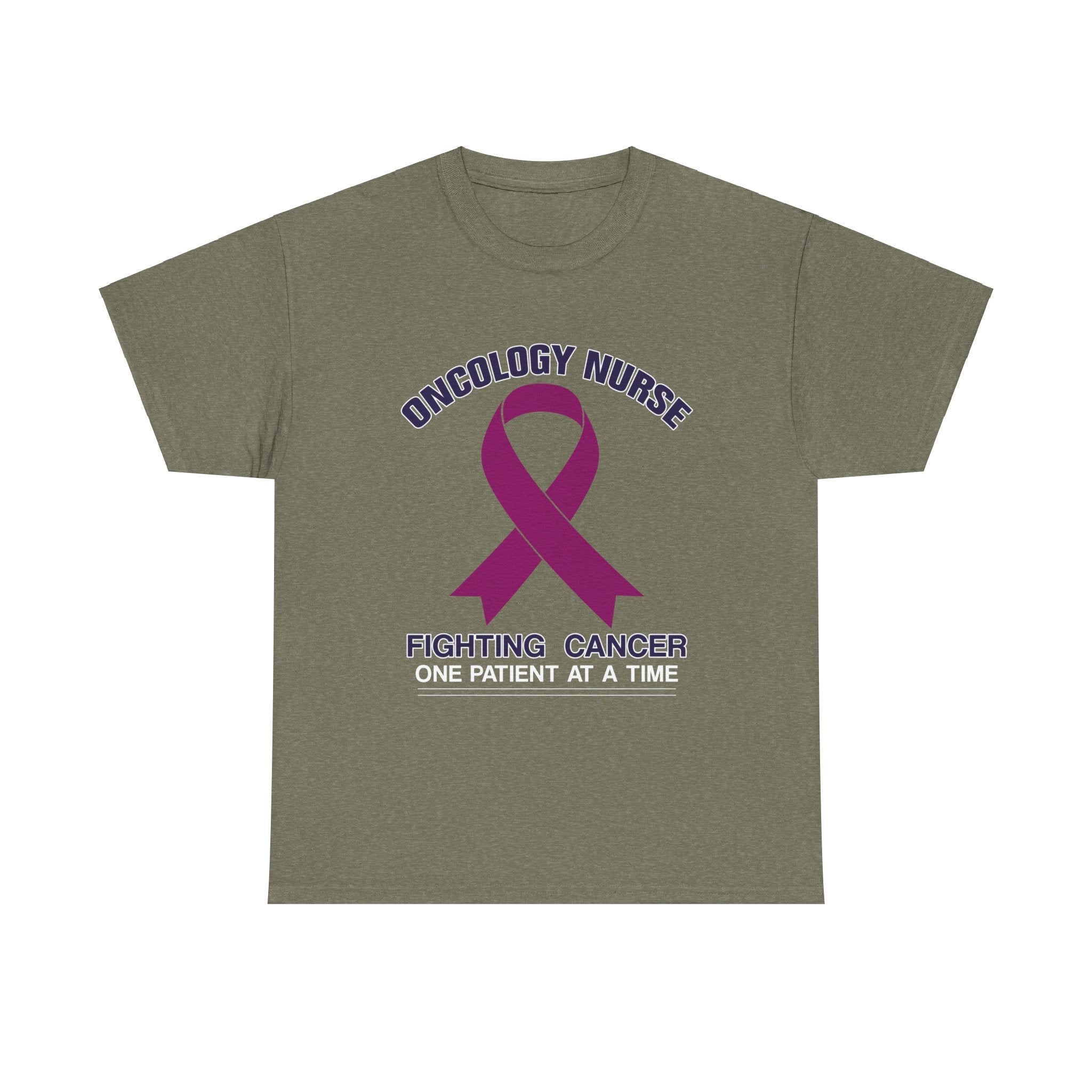 A Army Green  t-shirt with the design 'Oncology Nurse - Fighting Cancer One Patient at a Time' featuring a purple cancer ribbon, part of the oncology nurse t-shirt designs collection, symbolizing strength and commitment in cancer care.