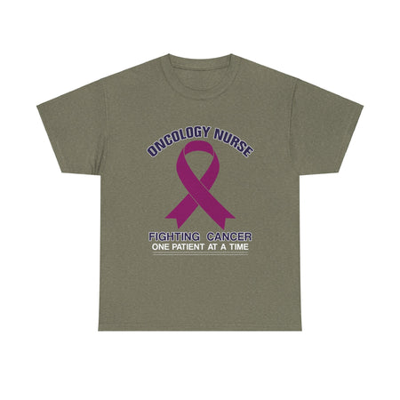 A Army Green  t-shirt with the design 'Oncology Nurse - Fighting Cancer One Patient at a Time' featuring a purple cancer ribbon, part of the oncology nurse t-shirt designs collection, symbolizing strength and commitment in cancer care.