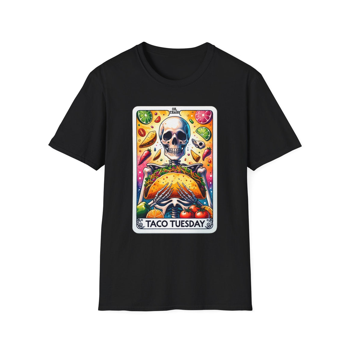 Black T-shirt with a unique 'Taco Tuesday' design featuring a skeleton holding a large taco, surrounded by vibrant ingredients like lime slices, chili peppers, and tomatoes. Perfect for those who enjoy a fun, slightly edgy take on Taco Tuesday.