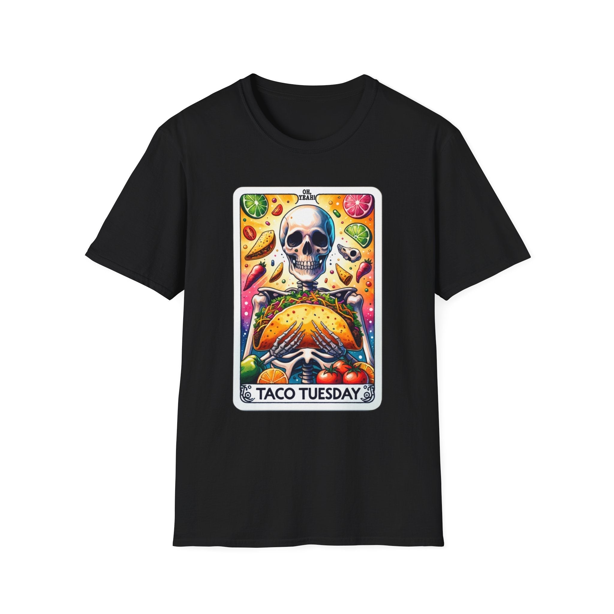 Black T-shirt with a unique 'Taco Tuesday' design featuring a skeleton holding a large taco, surrounded by vibrant ingredients like lime slices, chili peppers, and tomatoes. Perfect for those who enjoy a fun, slightly edgy take on Taco Tuesday.