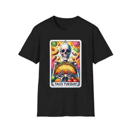 Black T-shirt with a unique 'Taco Tuesday' design featuring a skeleton holding a large taco, surrounded by vibrant ingredients like lime slices, chili peppers, and tomatoes. Perfect for those who enjoy a fun, slightly edgy take on Taco Tuesday.