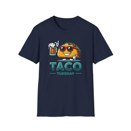 'Taco Tuesday' t-shirt featuring a fun taco character wearing sunglasses and holding a frothy beer mug. Perfect for celebrating Taco Tuesday in a playful, foodie-inspired style.