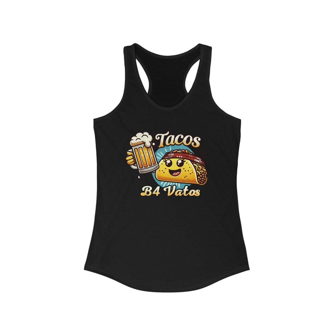 Woman wearing a 'Tacos B4 Vatos' tank top featuring a cheerful taco character with a beer mug, enjoying a lively outdoor celebration. Perfect tank top for taco lovers who want a fun and festive vibe.