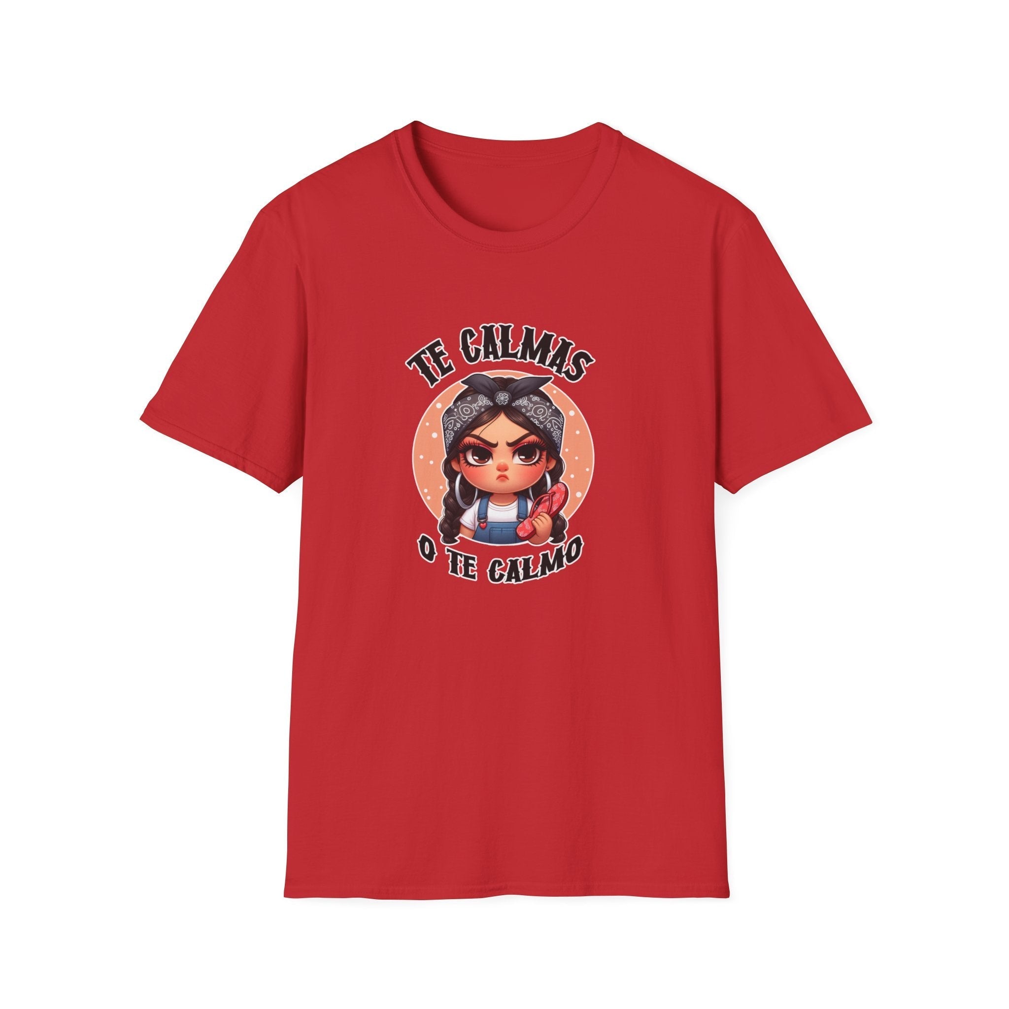 T-shirt featuring a feisty cartoon character with the Spanish phrase 'Te Calmas o Te Calmo,' adding a humorous and bold statement. Ideal for those with a playful attitude and love for expressive, culturally inspired designs