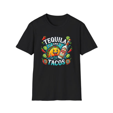Black T-shirt featuring a lively 'Tequila and Tacos' design with a cheerful taco character, tequila bottle, lime slices, chili peppers, and festive decorations. Ideal for taco lovers and tequila fans who enjoy a fun, fiesta-inspired look.