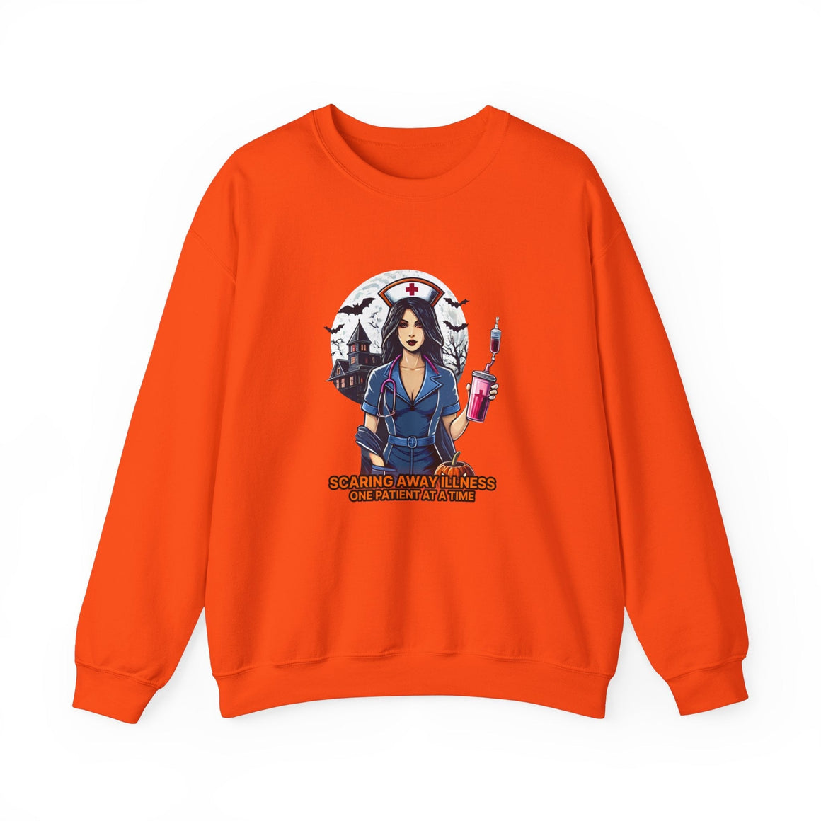 unisex halloween nurse sweatshirt scaring away illness design cozy and durable crewneck