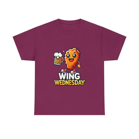 Wing Wednesday' t-shirt featuring a cheerful, cartoon-style chicken wing character holding a beer mug. Perfect for those who love celebrating Wing Wednesday with a fun and playful design.