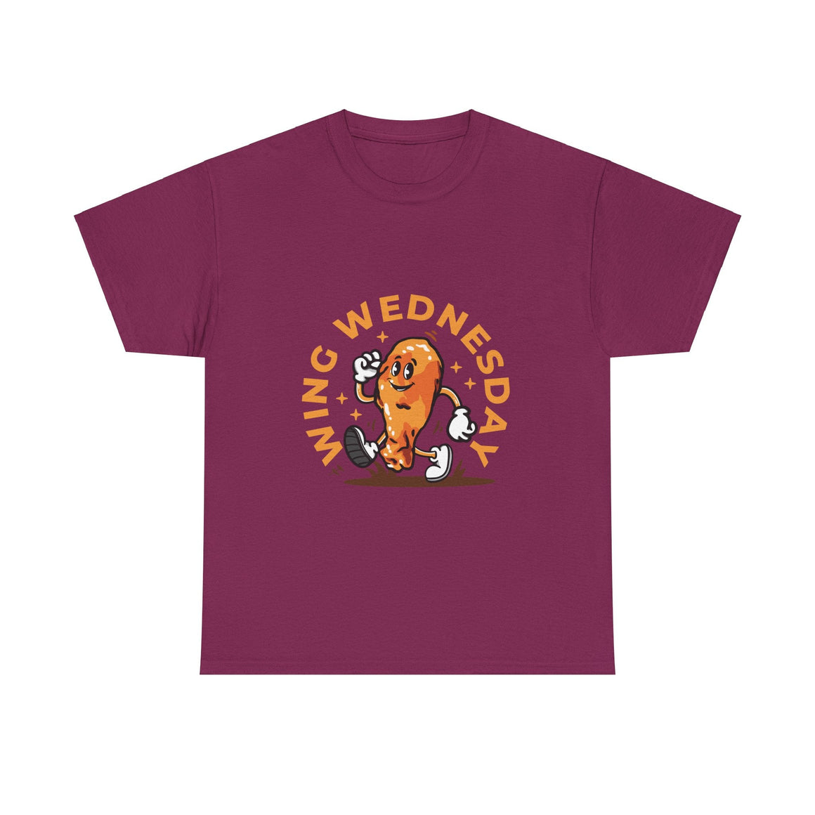 T-shirt featuring a fun 'Wing Wednesday' design with a cartoon-style chicken wing character in motion. Perfect for food lovers and those who enjoy celebrating Wing Wednesday in style.